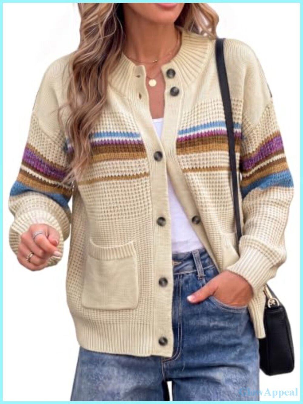 Womens Cardigan Sweaters Rainbow Striped Cable Knit Fall Outfits Mock Collar